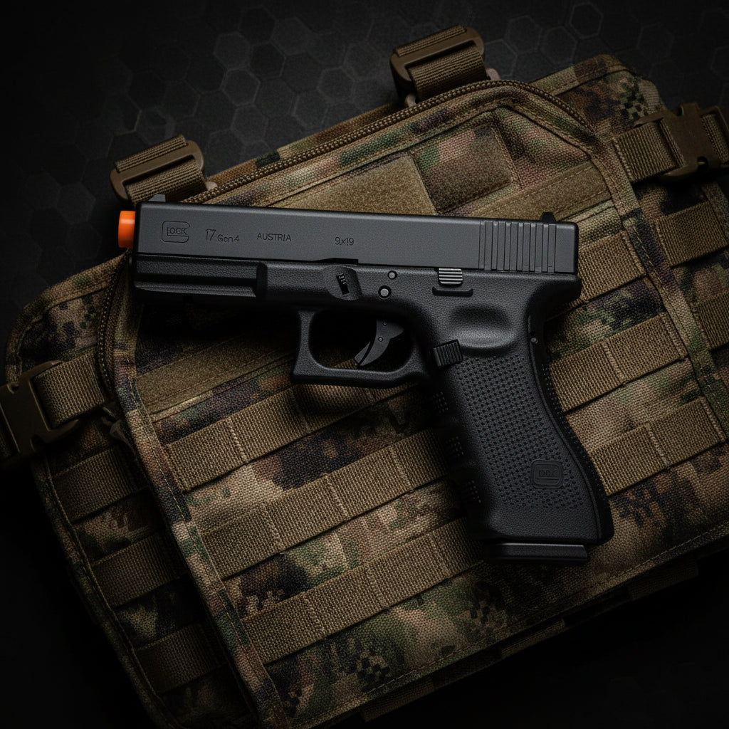 A semi-automatic Glock pistol in matte black with an orange safety tip, shown from a side profile on a solid white background.