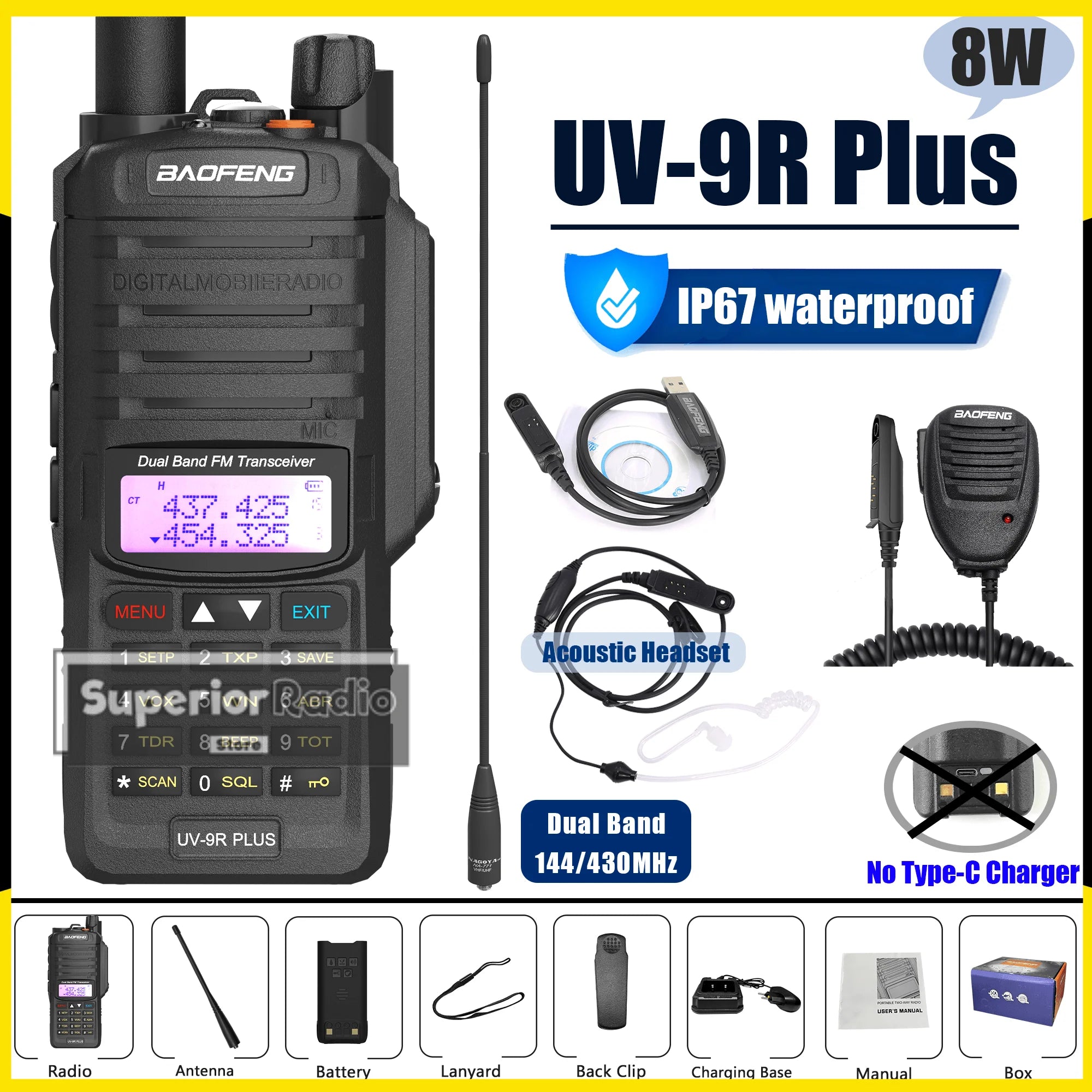 Baofeng UV-9R Plus Waterproof Walkie Talkie – IP67, Long Range, Type-C Charging
