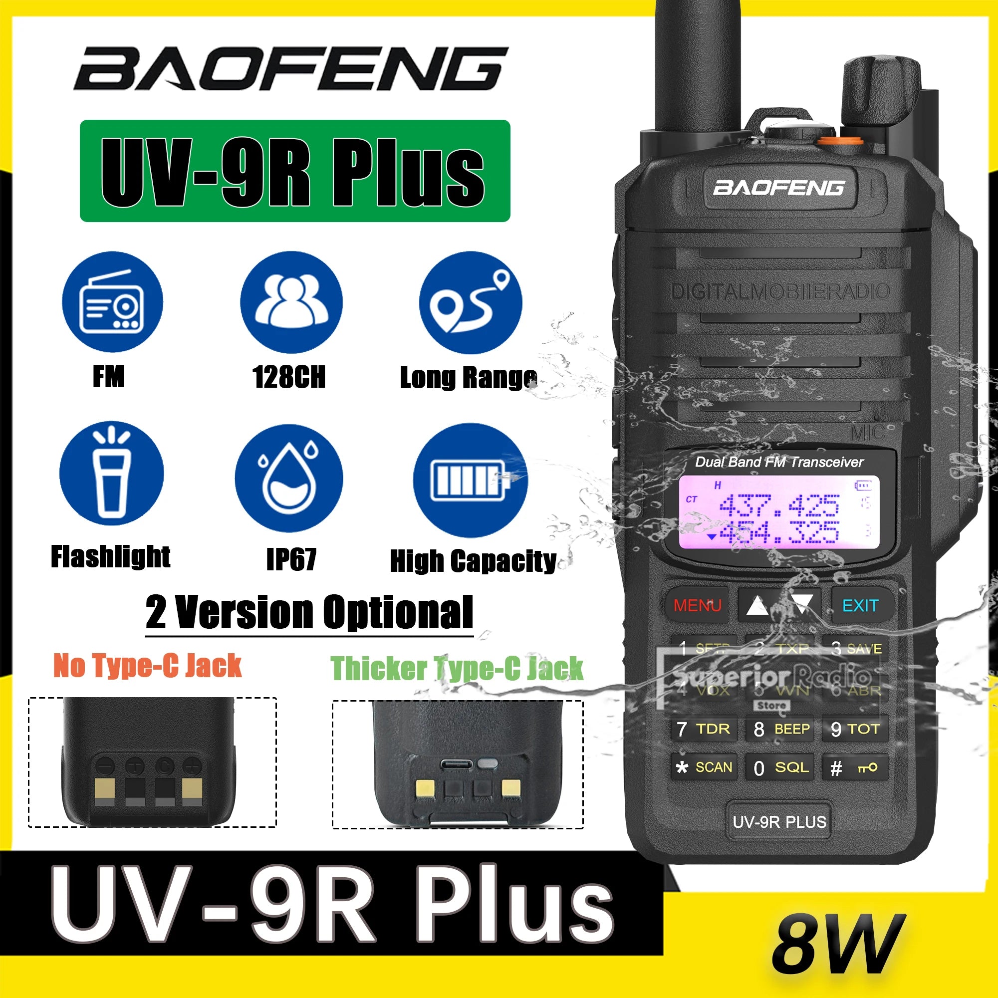Baofeng UV-9R Plus Walkie Talkie IP67 Waterproof High Capacity Long Range 5-10KM Portable Type-C Optional FM Upgraded of UV-9R