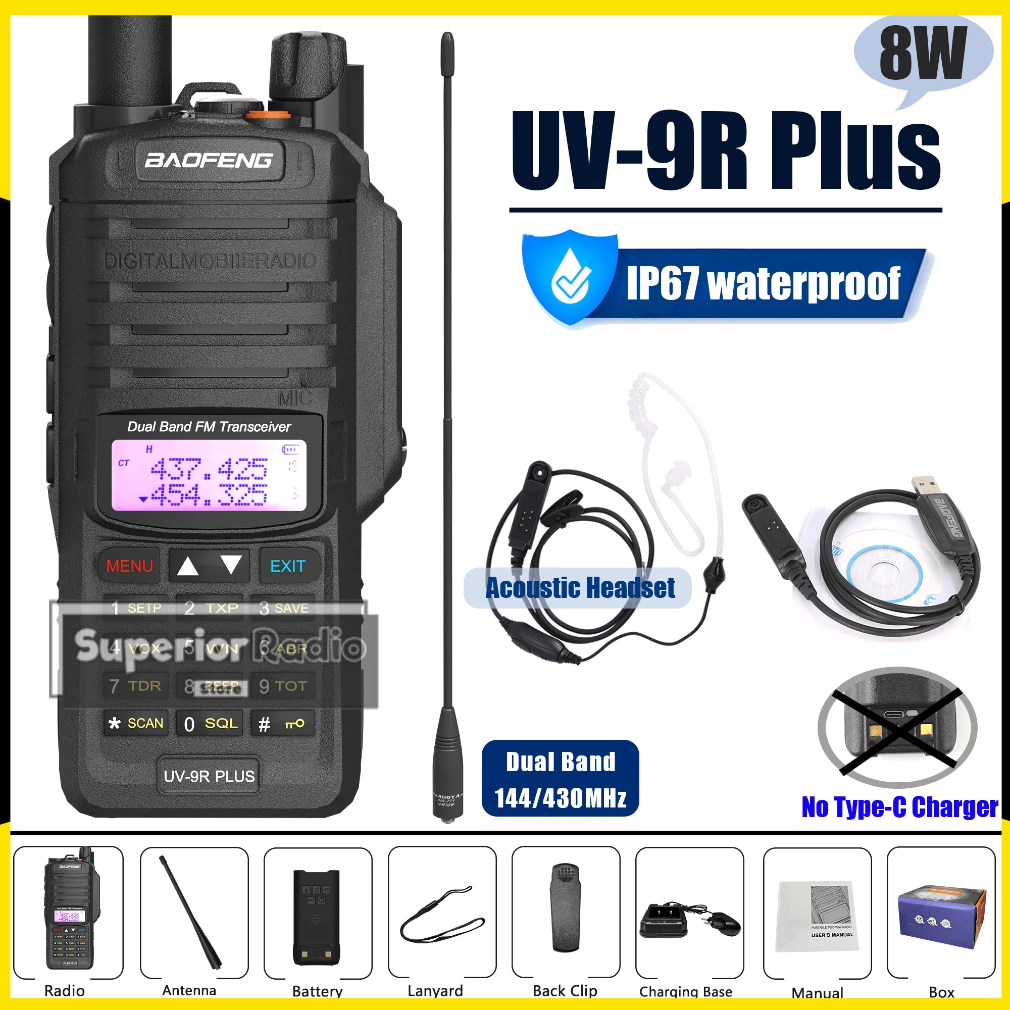 Baofeng UV-9R Plus Walkie Talkie IP67 Waterproof High Capacity Long Range 5-10KM Portable Type-C Optional FM Upgraded of UV-9R
