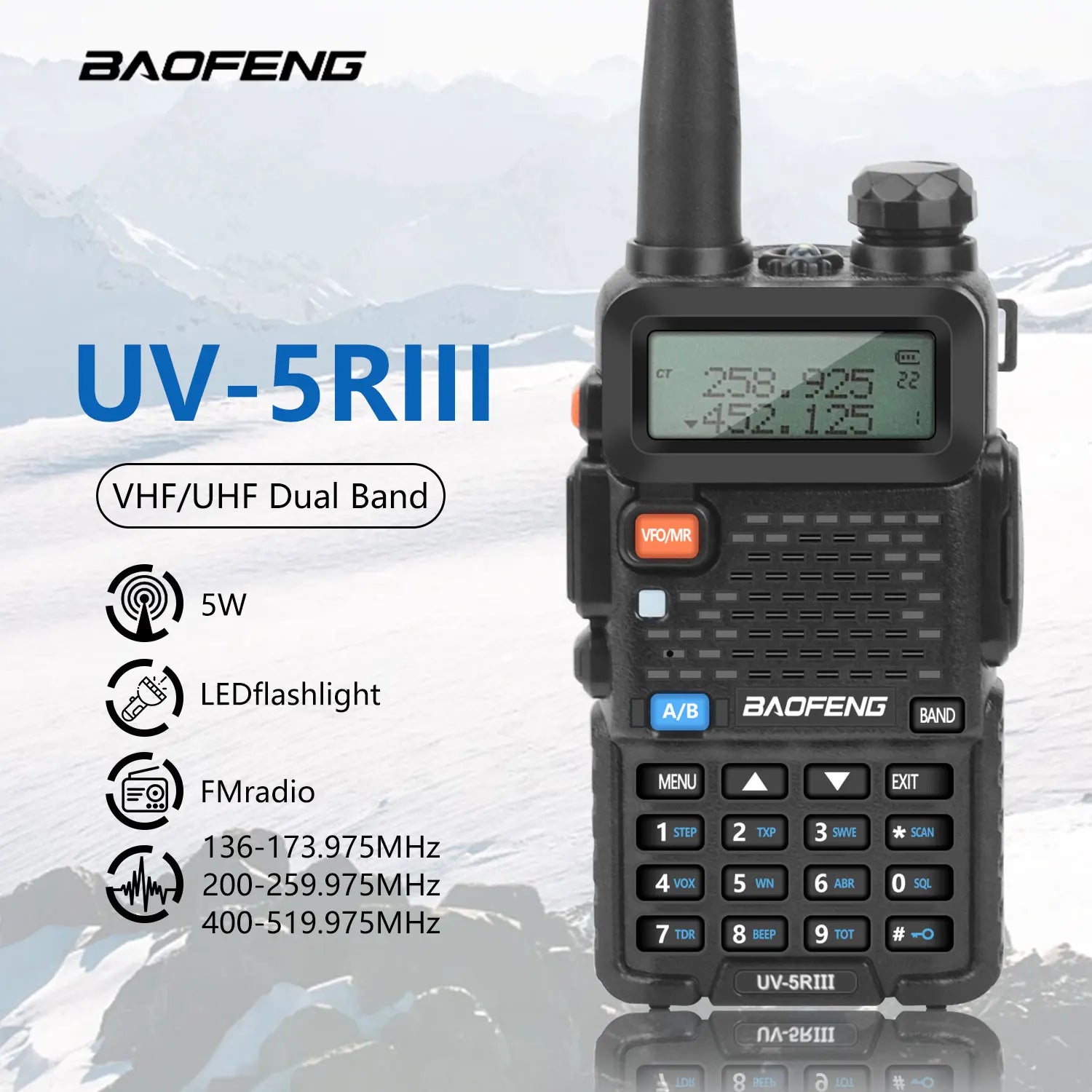 Baofeng UV-5RIII Tri-Band 5W Ham Radio | 128 Channel Walkie Talkie