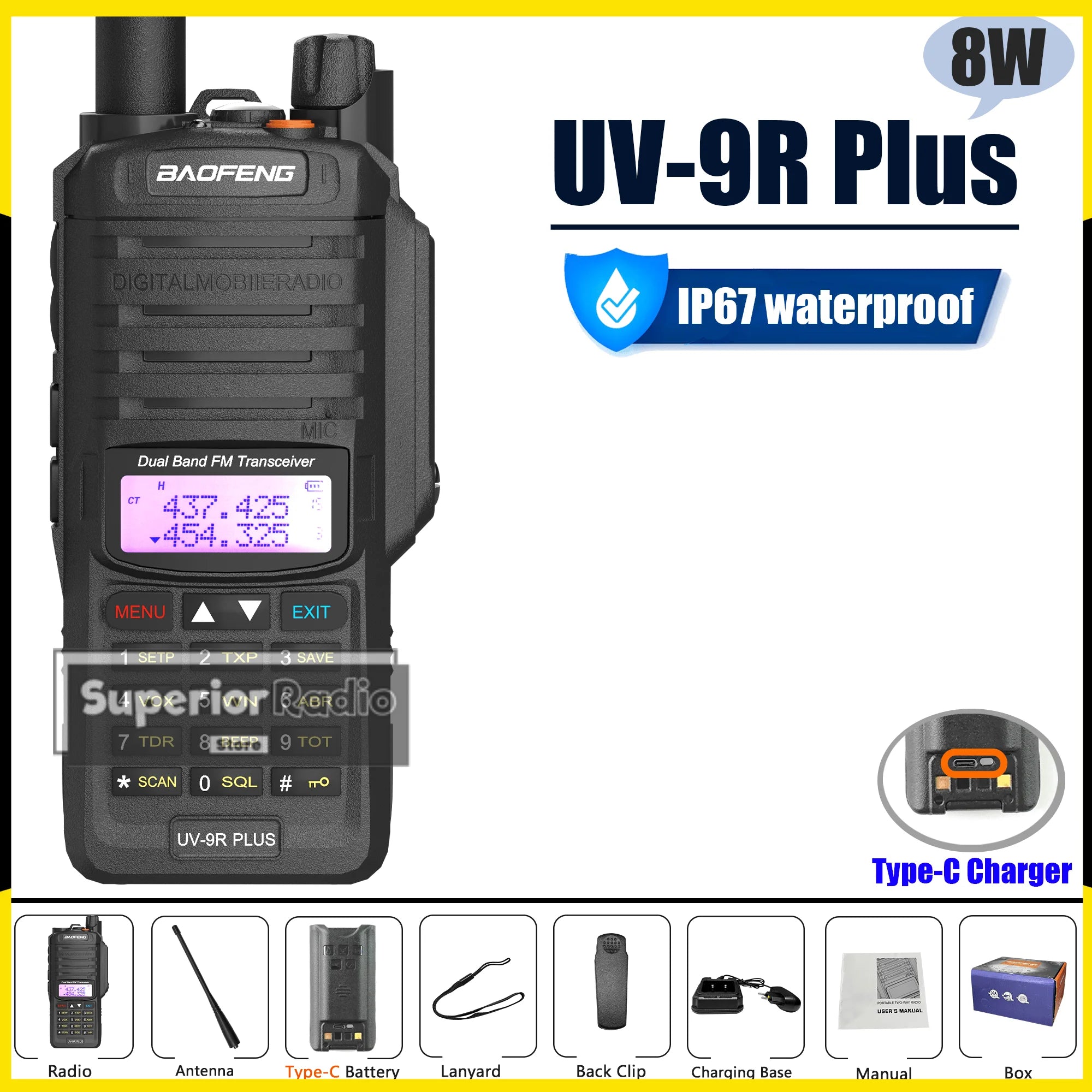 Baofeng UV-9R Plus Waterproof Walkie Talkie – IP67, Long Range, Type-C Charging