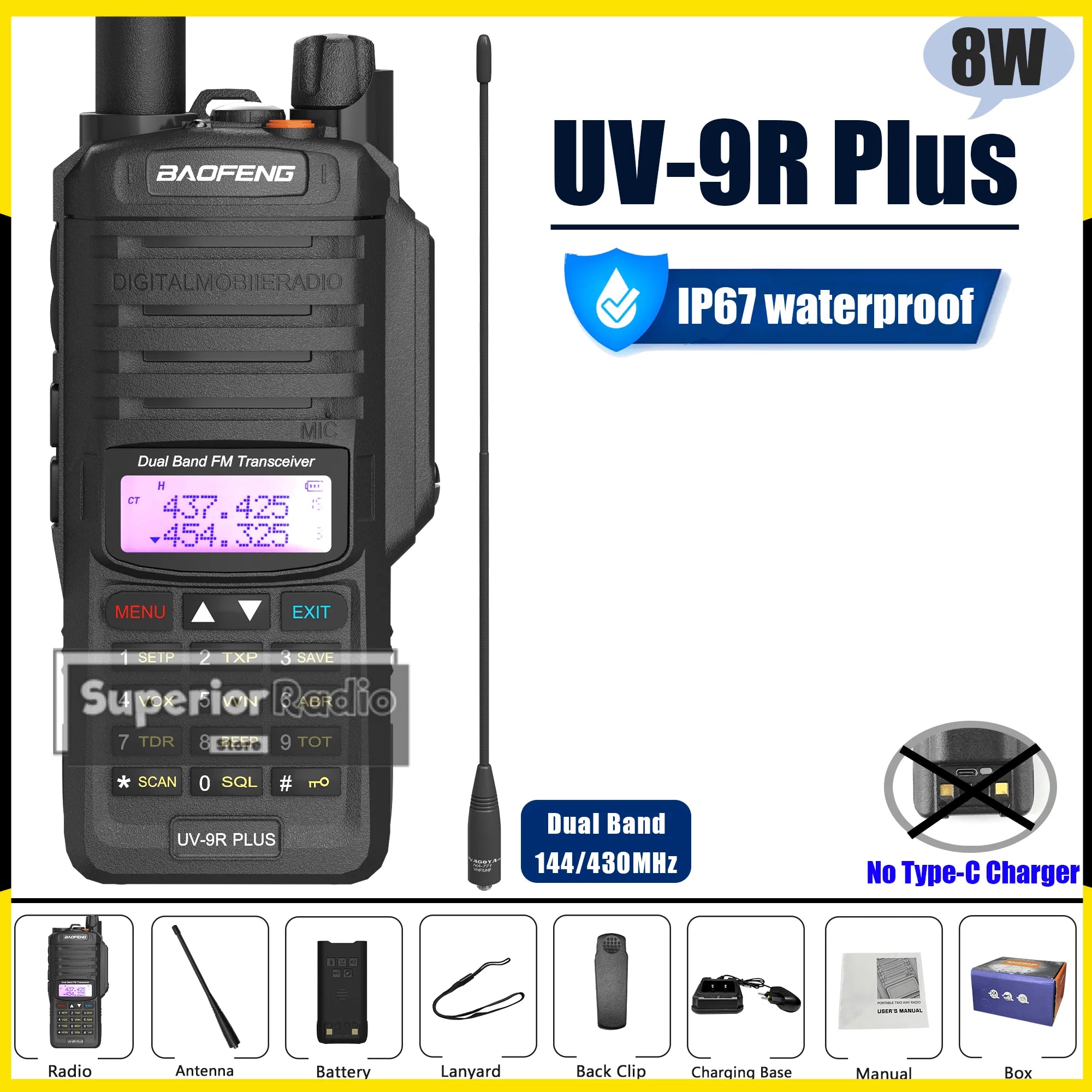 Baofeng UV-9R Plus Walkie Talkie IP67 Waterproof High Capacity Long Range 5-10KM Portable Type-C Optional FM Upgraded of UV-9R