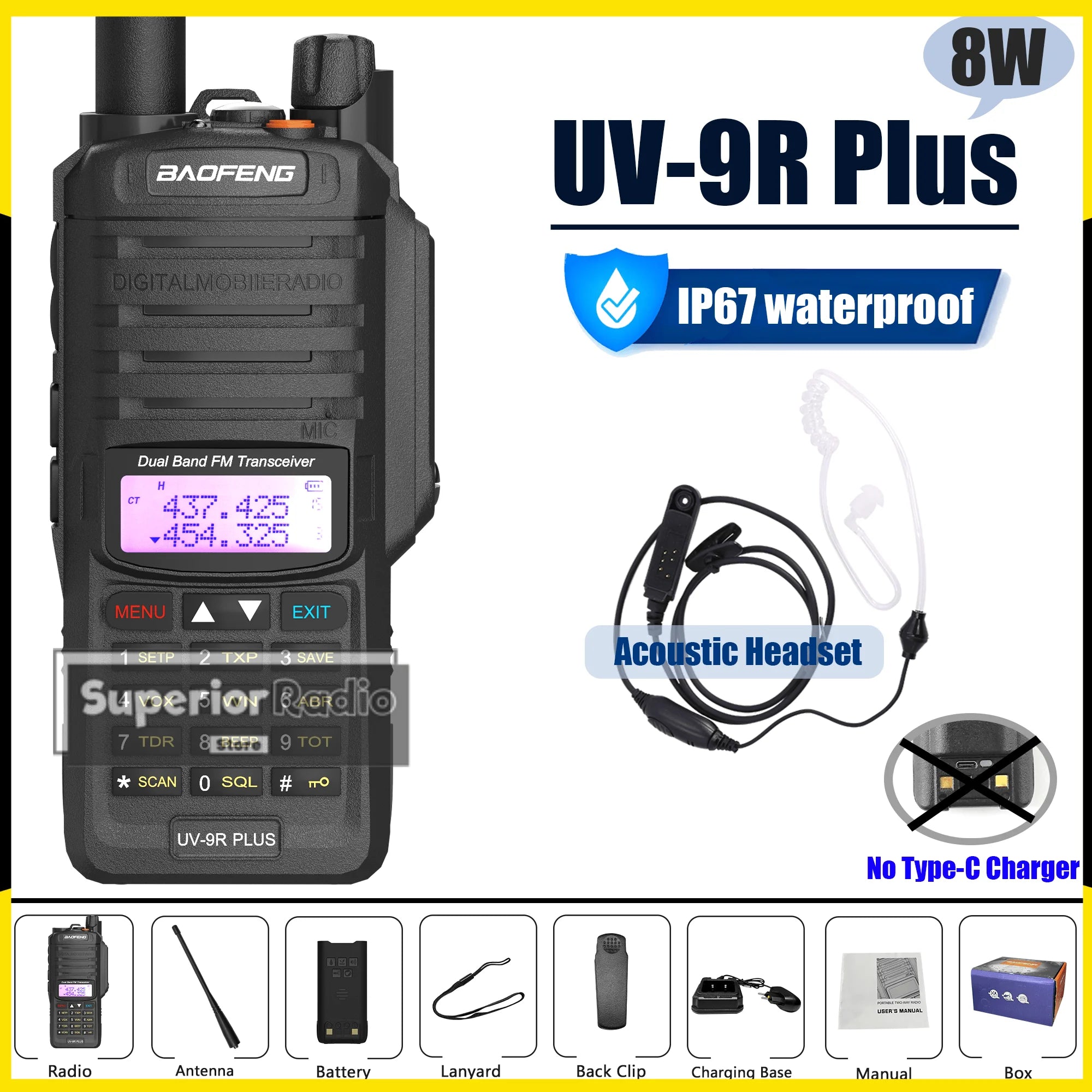 Baofeng UV-9R Plus Walkie Talkie IP67 Waterproof High Capacity Long Range 5-10KM Portable Type-C Optional FM Upgraded of UV-9R