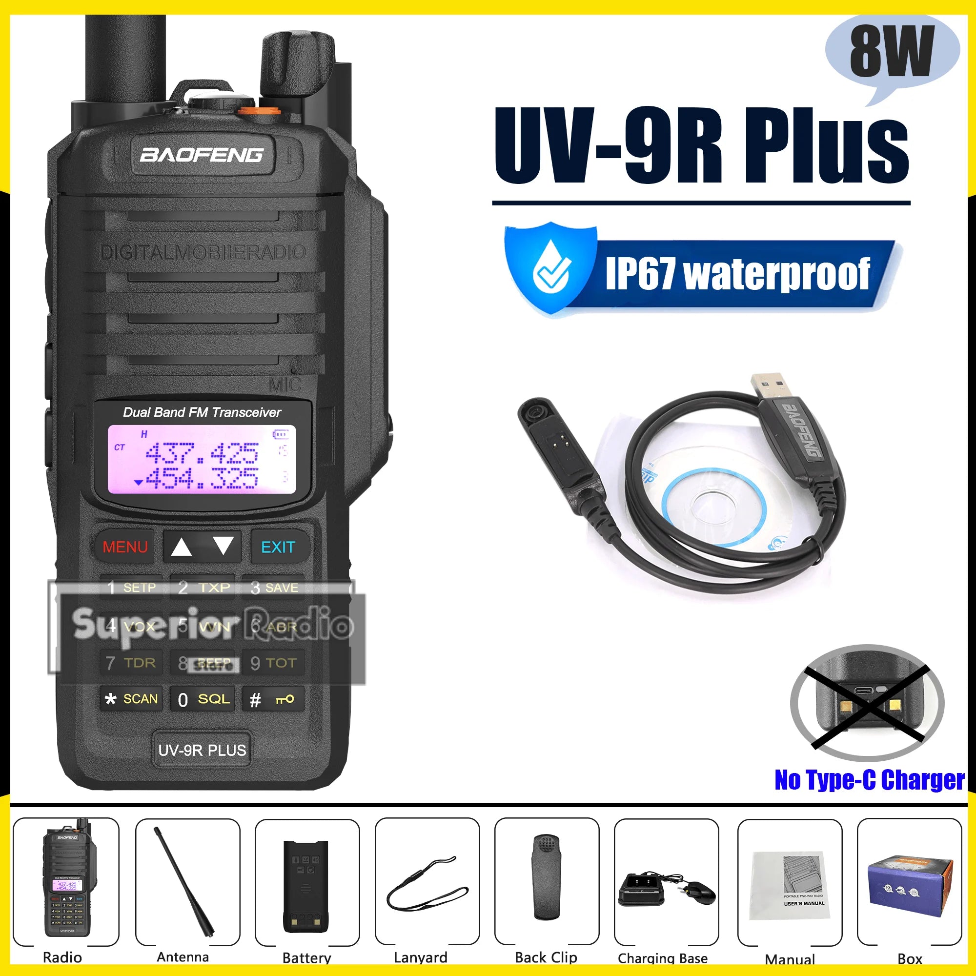 Baofeng UV-9R Plus Walkie Talkie IP67 Waterproof High Capacity Long Range 5-10KM Portable Type-C Optional FM Upgraded of UV-9R