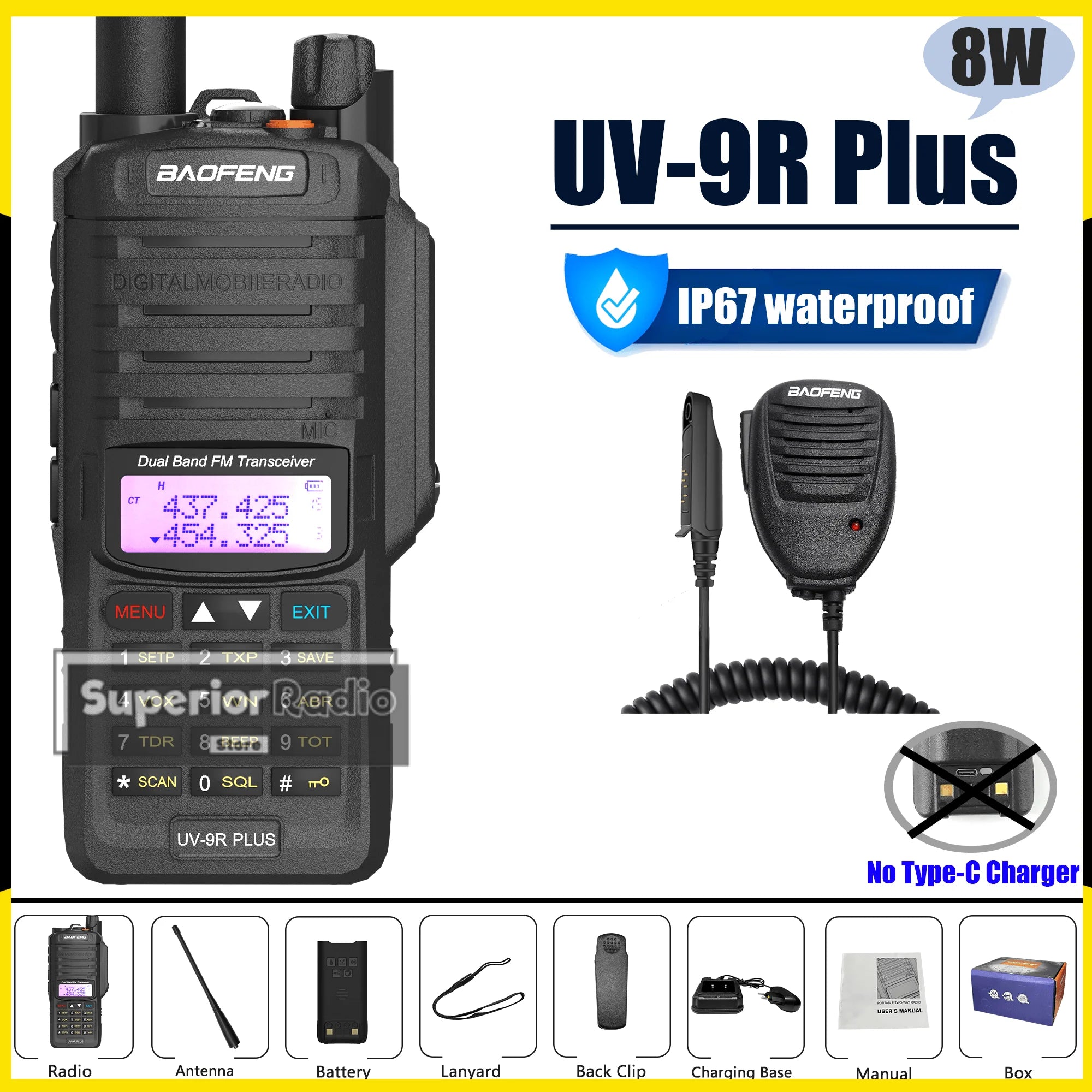 Baofeng UV-9R Plus Walkie Talkie IP67 Waterproof High Capacity Long Range 5-10KM Portable Type-C Optional FM Upgraded of UV-9R