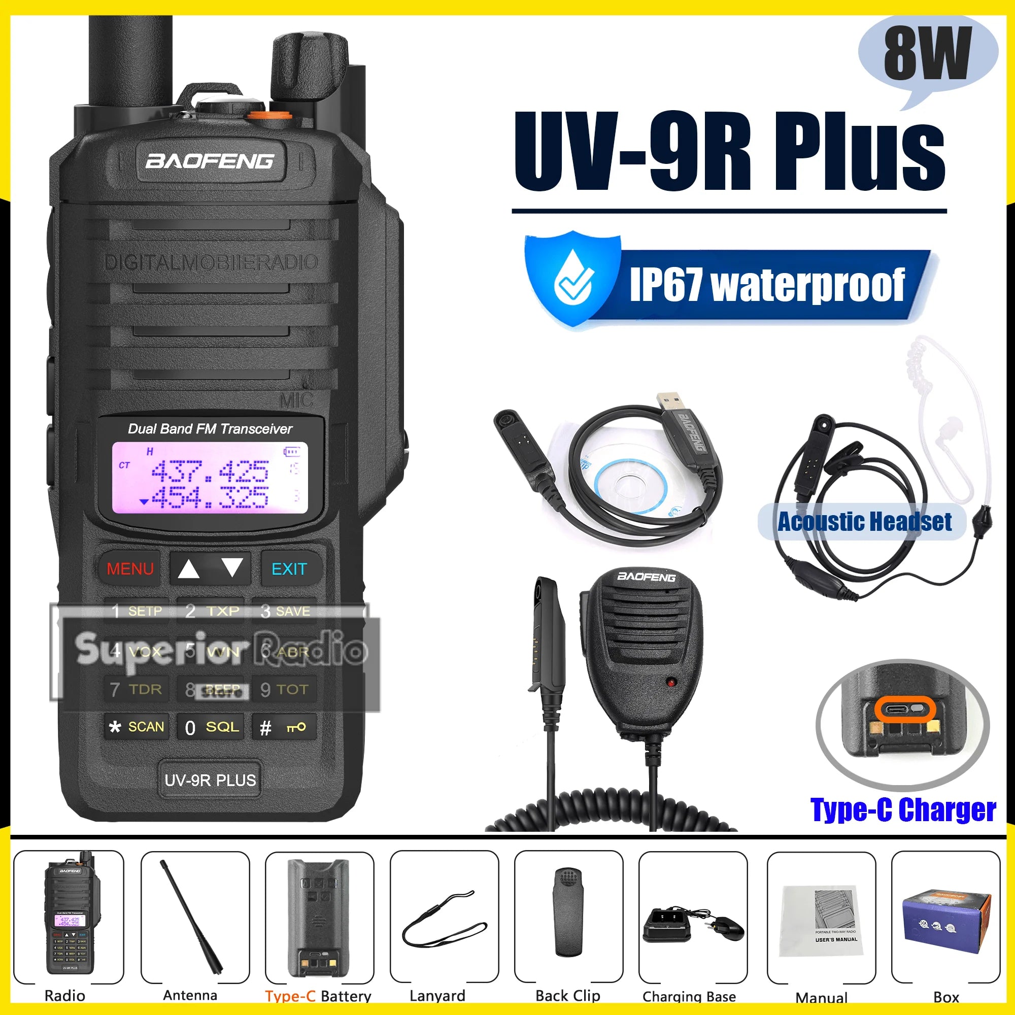 Baofeng UV-9R Plus Walkie Talkie IP67 Waterproof High Capacity Long Range 5-10KM Portable Type-C Optional FM Upgraded of UV-9R